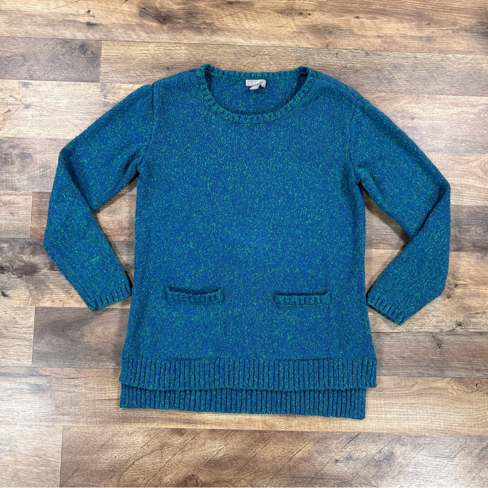 J Jill Sweater Womens XS Petite Green Blue Knit Crew Neck Cotton Blend Pockets